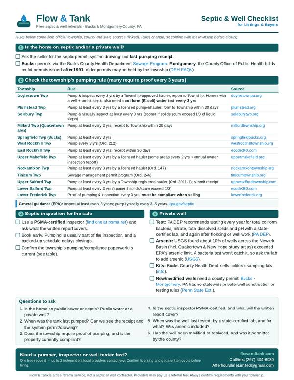Preview of the Flow & Tank one-page Septic & Well Checklist for Listings & Buyers